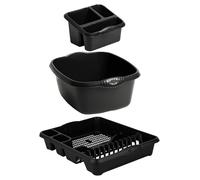 Homey Mart 3-Piece Kitchen Washing Set, Large Dish Drainer, 39cm Rectangular Bowl and Sink Organiser - Black