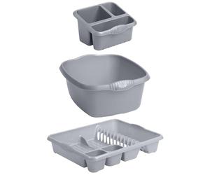 Homey Mart 3-Piece Kitchen Washing Set, Large Dish Drainer, 39cm Rectangular Bowl and Sink Organiser - Silver/Grey