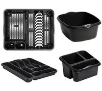 Homey Mart 4-Piece Kitchen Sink Set, Large Dish Drainer, 39cm Washing Bowl, Cutlery Tray and Sink Tidy, Colour - Black