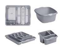 Homey Mart 4-Piece Kitchen Sink Set, Large Dish Drainer, 39cm Washing Bowl, Cutlery Tray and Sink Tidy, Grey/Silver