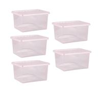 Homey Mart 5-Pack x 30L Stackable Storage Boxes with Lids - Clear Plastic Crystal Containers - Medium Storage Bins for Home, Office & Toys - Click Lid - Made in UK - Dusky Orchid Pink