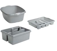 Homey Mart Kitchen Sink Organiser Set Plastic Large Dish Drainer Rectangular Washing Up Bowl and Kitchen Tidy/Organiser Caddy (Silver/Grey)- Set of 3
