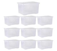 Homey Mart Set of 10 x 60 Litre Storage Box with Clip-On Lid - Durable, Stackable High-Quality Crystal Clear Plastic Container for Home, Office & Workplace Organisation (10)