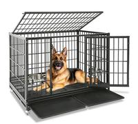 Homey Pet 48 Inch Heavy Duty Indestructible Dog Crate, Stackable Escape Proof Dog Cage Kennel Indoor with Two Removable Trays, Metal Grids, Wheels, Bowls, Double Doors for High Anxiety Large Dogs