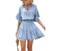 HOMEYEE Women's Elegant Flutter Sleeve Tie Neck Ruffle Summer Casual Swing Dress A357 (XL, Light Blue)