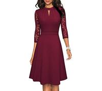 HOMEYEE Women's Elegant Hollow Out Lace Sleeve Swing Pleated Party Cocktail Dress A234 (S, Burgundy)