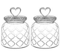 HomeyHoney 22 oz Clear Glass Canister with Cute Heart shaped Lids Set, Food Storage Glass Jars with Airtight Lids for Kitchen and Dining Room, Grid/Set of 2