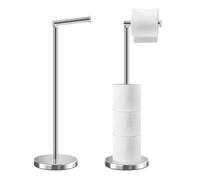HOMEZI Toilet Roll Holder Free Standing with HEAVY BASE, Premium Toilet Roll Stand, Stainless Steel loo roll holder for Bathroom 2 in 1 Holder and Storage for 5 Rolls - Chrome