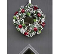 HomeZone® 30cm Snow Effect Christmas Wreath Decorated With Apples Berries And Pinecones Festive Christmas Decorations Red Green Coloured Decor Perfect Christmas Decor For Home Or Workplace
