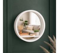 HomeZone 35cm White Round Wall Mirror with Shelf White Plastic Hanging Mirror, Circular Floating Shelf, Wall Mounted Vanity Mirror for Hallway Bedroom Entryway, Wooden Frame