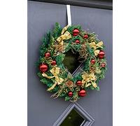 HomeZone 50cm Grand Red & Gold Christmas Decoration Wreath - Festive Artificial Front Door Wreath with Pinecones, Baubles & Bows - Classic Indoor Christmas Decorations & Winter Wreath Displays