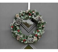 HomeZone 50cm Snow Effect Christmas Door Wreath - Rustic Artificial Winter Garland with Frosted Pinecones & Red Berries - Traditional Woodland Christmas Decoration for Indoor or Outdoor Use