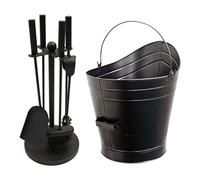 Homezone 5pc Fireplace Companion Set with Large Coal Scuttle Heavy Duty Metal Bucket Black Powder Coated Buckets Fireside Accessories Companion Sets for Log Burners Fireplace Tool Set