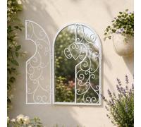 HomeZone Arched Window Mirror with Opening Shutters 50cm White Distressed Metal Wall Mirror, Vintage Shabby Chic Farmhouse Decorative Window Frame Mirror for Living Room Bedroom Garden Decor