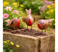 HomeZone Garden Mile Set of 3 Metal Robin Garden Ornaments - 10cm Weather Resistant Red Breast Bird Decorations - Outdoor Metal Garden Birds for Lawn, Patio, Flower Beds, Planters & Balcony Decor