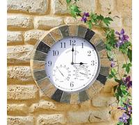 Homezone Large modern slate Wall Clock and Thermometer - Battery Power Operated Quartz Waterproof Weatherproof Garden Clock - Indoor or Outdoor Decorative Ornament Clock for Living Room, Home Decor