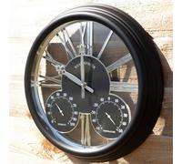 Homezone Large Black garden clock with thermometer and barometer - Battery Power Operated Quartz Waterproof Weatherproof Garden Clock - Black Indoor or Outdoor Weather Station for Garden Patio