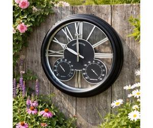 Homezone Large Battery Operated Garden Clock - 40cm Weatherproof Black Wall Clock with Thermometer & Barometer - Quartz Indoor Outdoor Weather Station for Gardens & Wall Decoration for Living Room