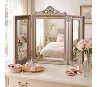 HomeZone Large Free Standing Antique Silver Vanity Mirror Cosmetic Makeup Trifold Triple Tabletop Mirror for Bedrooms Bathroom Vaintage Ornate Glass 55x73cm