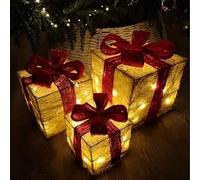 HomeZone® Light up Present Boxes Christmas, 3 Modes 3 Parcel Lights with Plug, red Bows, Tree Indoor/Outdoor