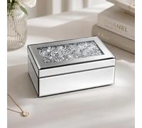 HomeZone Luxury Jewellery Box Silver Crushed Diamond Mirrored Trinket Box with Crystal Lid Glass Jewellery Storage Box Organiser for Rings, Necklaces, Make Up, Keepsakes Gift for Birthday, Wedding