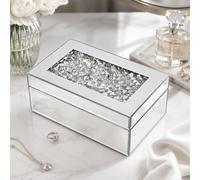 HomeZone Mirrored Jewellery Box with Crushed Diamond Lid - Silver Glass Jewellery Organiser Storage Box with Black Velvet Lining for Rings Necklaces Earrings Trinkets Vanity Display 21 x 13 x 9 cm