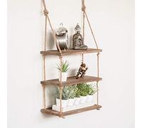 Homezone® Modern 3 Tier Wooden Rope Shelves - Rustic Wall Mounted Floating Shelves - Decorative Hanging Shelves for Nursery, Kitchen, Bathroom, Bedroom, Living Room Decor