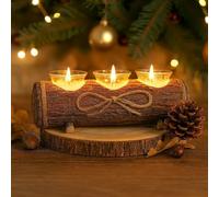 Modern Rustic Log Christmas candle Tea Light Holders with 3 Stylish Glass Candle Holder - Strong and Robust Wood Effect Christmas Table Centerpiece Ornamental Wedding Candle Holder Gifts