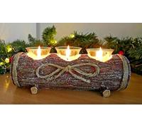 Modern Rustic Log Christmas candle Tea Light Holders with 3 Stylish Glass Candle Holder - Strong and Robust Wood Effect Christmas Table Centerpiece Ornamental Wedding Candle Holder Gifts