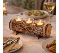 HomeZone Rustic Wood Effect Triple Tealight Candle Holder Log Style Centrepiece with 3 Glass Tea Light Cups & Tealights Included, Farmhouse Woodland Table Decoration