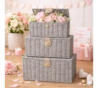 HomeZone Pack of 3 Lockable Grey Wicker Storage Basket with Lids Rattan Woven Decorative Storage Boxes with Lids Grey Baskets for Bathroom Bedroom Kitchen Stair Baskets Hampers
