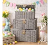 HomeZone Pack of 3 Lockable Grey Wicker Storage Basket with Lids Rattan Woven Decorative Storage Boxes with Lids Grey Baskets for Bathroom Bedroom Kitchen Stair Baskets Hampers