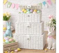 HomeZone Pack of 3 White Wicker Storage Baskets with Lids Lockable Lidded Woven Storage Baskets Hampers Pretty Storage Boxes with Lid for Bathroom Bedroom Kitchen Stairs Rattan Storage Box with Lid