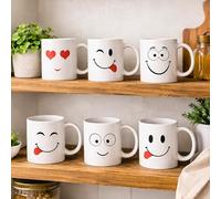 Homezone Set of 6 Smiley Face Mugs 350ml Ceramic Porcelain Coffee Cups, Dishwasher & Microwave Safe, Gift Set for Tea Funny Novelty Gift Tea Coffee and Hot Chocolate Cups Mother's Day Gift