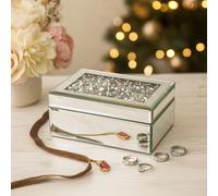 Modern Silver Crushed Diamante Mirrored Glass Crystal Jewellery Box - Black Velvet Women Trinket Drawers Organiser Box - Decorative Makeup Organiser Storage Gift For Birthday, Wedding