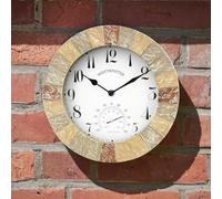 Homezone® Interiors Traditional 10" Vintage Style Clock Garden Ornament Wall Clock with Stone Effect - Large Weatherproof Battery Operated Thermometer Barometer Mountable for Indoor and Outdoor