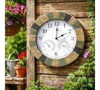 Homezone Westminster 14inch Garden Clock and Thermometer, Garden Wall Features Waterproof Clocks Durable Garden Decorations Clock for Patio, Kitchen, Livingroom Décor (stone slate clock)