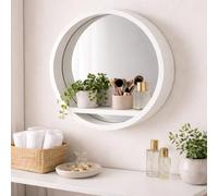 HomeZone White Round Bathroom Onsuite Mirror & Cosmetic Shelf Wall Mirror with Wood 35cm Wall Mounted Vanity Mirror, Moisture-Resistant, Compact & Easy Wall Fix
