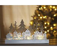HomeZone White Wooden Village Scene Light-Up Christmas Ornament Xmas Decoration Festive Table Centrepiece LED Lights Pre-Lit Rustic Battery Operated