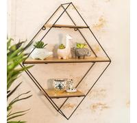 HomeZone Wooden Diamond Shaped Shelves - Metal Floating Shelves, Wall Mounted Geometric Shelving Unit Hanging Indoor Ladder Shelf Large Home Decor Accessories for Bathroom, Living Room, Hallway