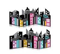 HOMEZZO 2 Pcs Cityscape Party Backdrop - Foldable Urban Skyline Decorations for Table Centerpiece, Comic Style Birthday, Boy’s Party, Kids Photo Booth Props, Colorful Building Cutouts