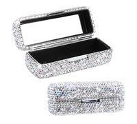Homfanseec Rhinestone Lipstick Case with Mirror, Bling Crystal Lipstick Case Diamonds Makeup Cosmetic Storage Box Holder for Purse Ladies Fashion (Silver Color)