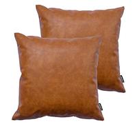 HOMFINER 2 Pieces Thick Faux Leather Decorative Square Throw Pillow Covers Modern Pillow Covers for Couch Bed Sofa 18x18 Inch for Bedroom Living Room Solid Color Cognac Brown
