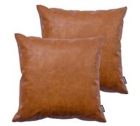 HOMFINER Faux Leather Throw Pillow Covers 16x16 inch, Set of 2 Thick Cognac Brown Modern Boho Farmhouse Decor Small Square Decorative Bedroom Living Room Cushion Cases for Couch Bed Sofa