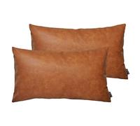 HOMFINER Set of 2 Thick Faux Leather Lumbar Throw Pillow Covers 12x20, Modern Farmhouse Boho Small Long Accent Scandinavian Decor Rectangle Decorative Cushion Cases for Couch Bed Sofa Cognac Brown