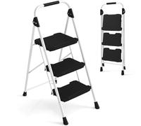 HOMFME 2/3 Step Ladder, 265kg Capacity Folding Metal Step Tool with Anti-Slip Pedals, Safety Lock, Handrail, Lightweight Portable Tread Stepladder for Household Garage Shop (3 Step)