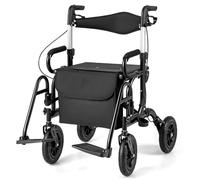 HOMFME 2 in 1 Folding Rollator Walker, Lightweight Wheeled Walking Aid with Seat, Brakes Adjustable Handle, Storage Bag, Backrest, 4 Wheel Walking Frame Medical Walker for Elderly Disabled (Black)