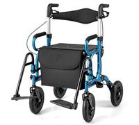HOMFME 2 in 1 Folding Rollator Walker, Lightweight Wheeled Walking Aid with Seat, Brakes Adjustable Handle, Storage Bag, Backrest, 4 Wheel Walking Frame Medical Walker for Elderly Disabled (Blue)