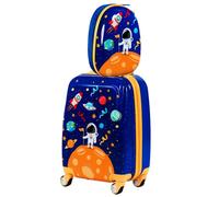 HOMFME 2 PCS Kids Luggage Set, Children Suitcase and Backpack Set with Adjustable Handle and Universal Wheels, Hard Shell Toddler Trolley Case for Travel School (12 + 18 Inch, Navy Astronaut)