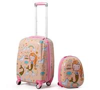 HOMFME 2 PCS Kids Luggage Set, Children Suitcase and Backpack Set with Adjustable Handle and Universal Wheels, Hard Shell Toddler Trolley Case for Travel School (12 + 18 Inch, Pink Mermaid)